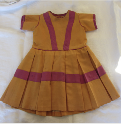 Repaired toddler short-sleeve gold dress with wide pink stripes